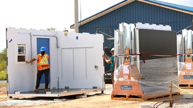 Crews get to work assembling long-awaited Pallet shelters in Sydney; On Wednesday, a work crew began setting up the first of 35 pallet shelter units at a public housing development known as Pine Tree Park in Sydney, N\.S\.