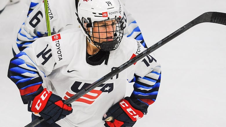 Now-retired American women's hockey player Brianna Decker celebrates after scoring against Switzerland in the 2021 women's world championship at WinSport Arena in Calgary.