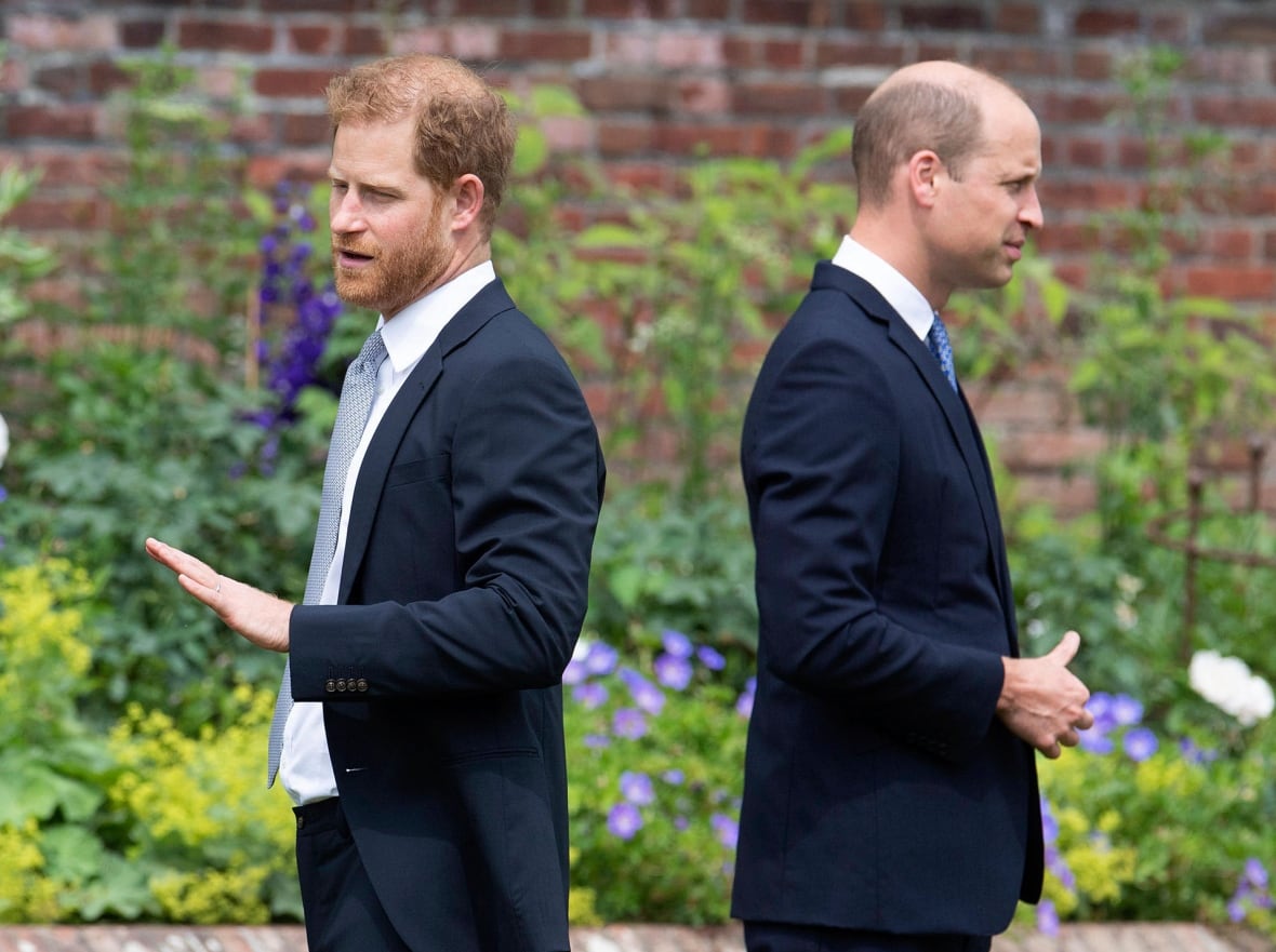 Two people stand with their backs to one another in front of a garden in front of a brick wall.