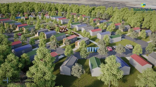 The Sunnyside Tiny Home Community project is led by the United Way Maritimes non-profit organization who also run a tiny home community in Sackville. The project aims to gradually build between 75 to 80 homes for people on Saint John's by-names list. Architectural rendering of rows of tiny homes.