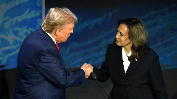 Haven't been paying attention to the U.S. election campaign? Catch up on what matters in Tuesday's vote; U\.S\. Vice President and Democratic presidential candidate Kamala Harris shakes hands with former U\.S\. President and Republican presidential candidate Donald Trump during a presidential debate at the National Constitution Centre in Philadelphia, Pa\., on Sept\. 10, 2024\.