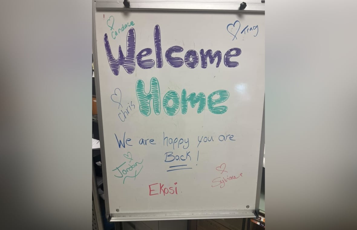 A whiteboard has the message "Welcome Home" written.