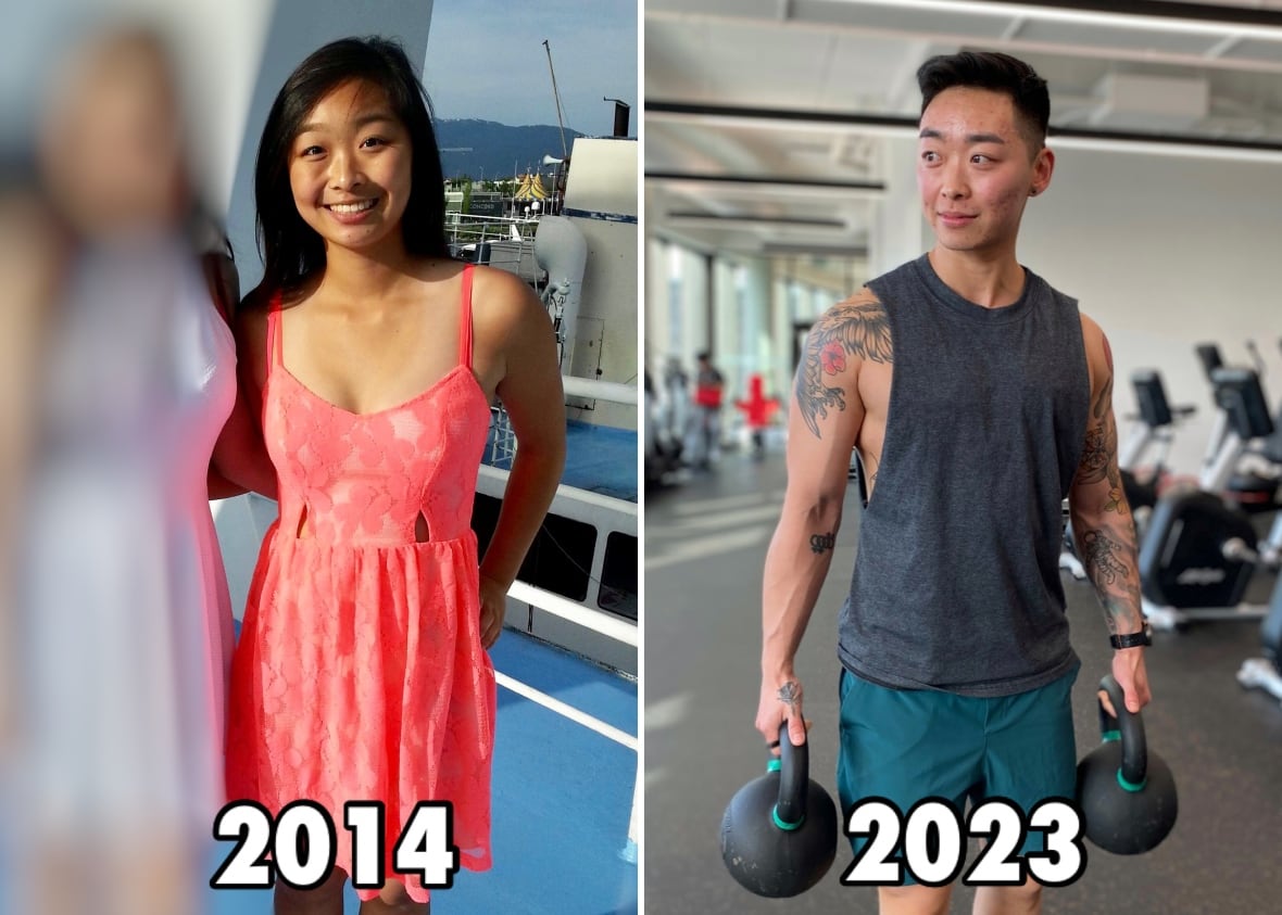 A collage of two images. On the left, a woman in a pink dress with the text “2014.” On the right, a man holding kettlebells in a gym with the text “2023.” 