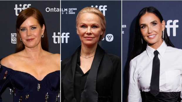 TIFF highlights films about body image, aging. So why are there so few roles for women over 40?; From left, actors Amy Adams, Pamela Anderson and Demi Moore attend their respective red carpets during the 2024 Toronto International Film Festival\. Several of this year's TIFF films explore themes around women aging and body image\.