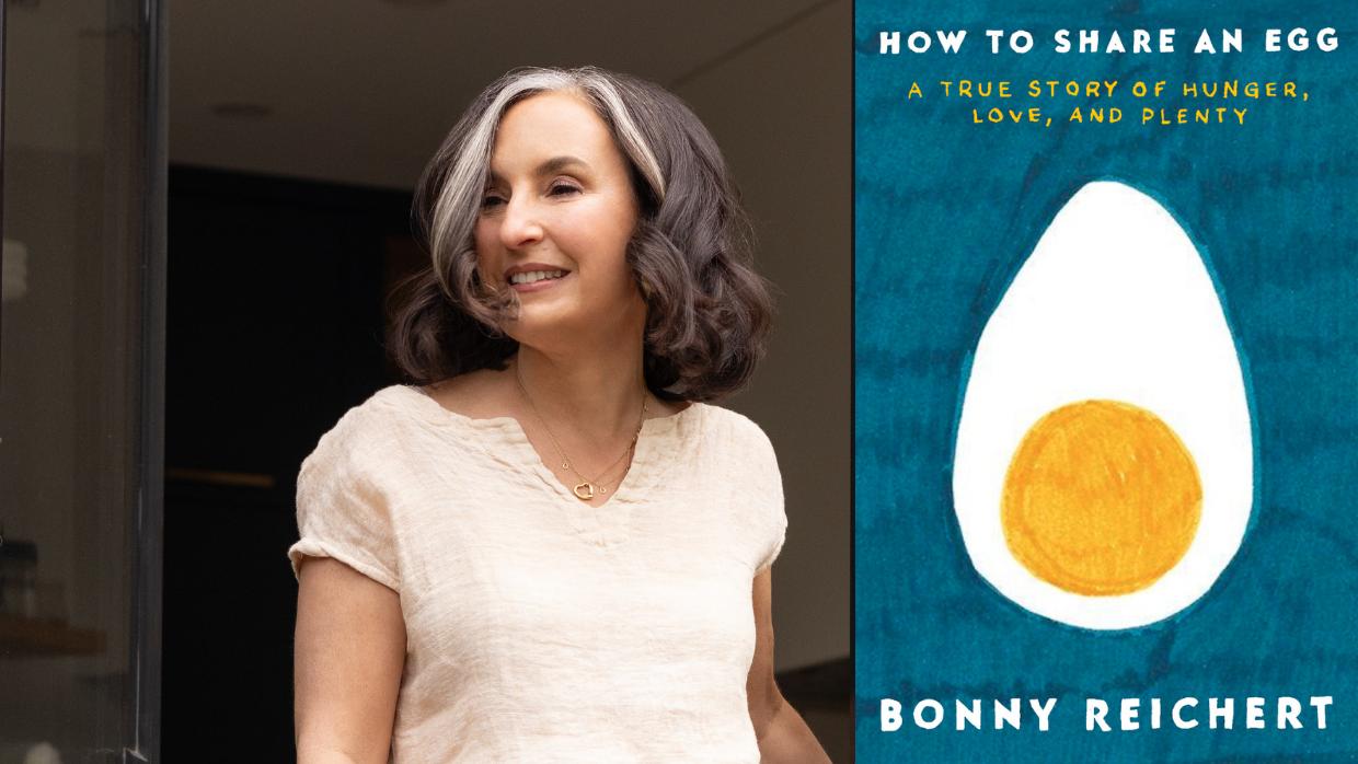 How to Share an Egg by Bonny Reichart. Illustrated book cover of a hard-booiled egg split in half. Photo of the author, a middle-aged white woman with short brown and silver hair.