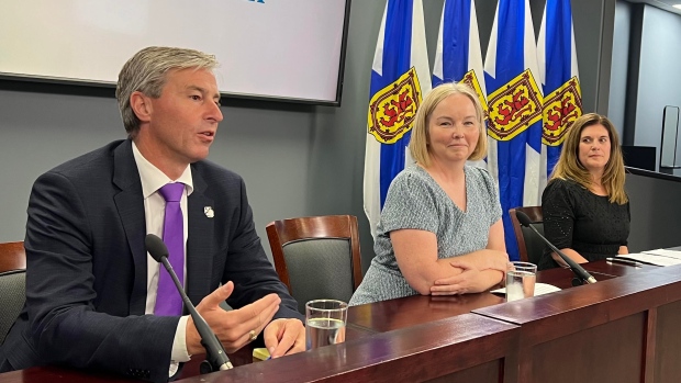 From Saulnierville to Sydney, 14 more pharmacies opening primary care clinics; Nova Scotia Premier Tim Houston \(left\) wits with Allison Bodnar, the CEO of the Pharmacy Association of Nova Scotia \(centre\) and Alison Anderson, the owner of the PharmaChoice in Hammonds Plains, N\.S\.
