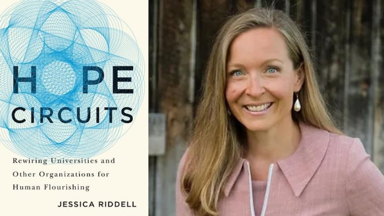 An image of a woman with long blonde, straight hair, smiling. She is standing in front of a tall wooden fence. To your left is the cover of the book, Hope Circuits