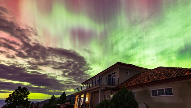 A powerful geomagnetic storm is underway that could trigger intense northern lights tonight; An intense display of the northern lights is seen over on Anarchist Mountain in the southern interior of British Columbia on Oct\. 9\.