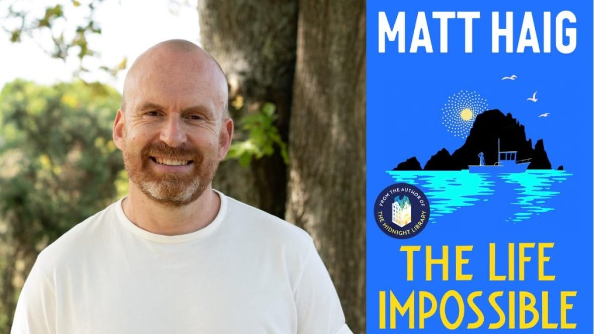 A white bald man with a greying ginger beard smiles. A blue book cover with a small boat on the water amid cliffsides.