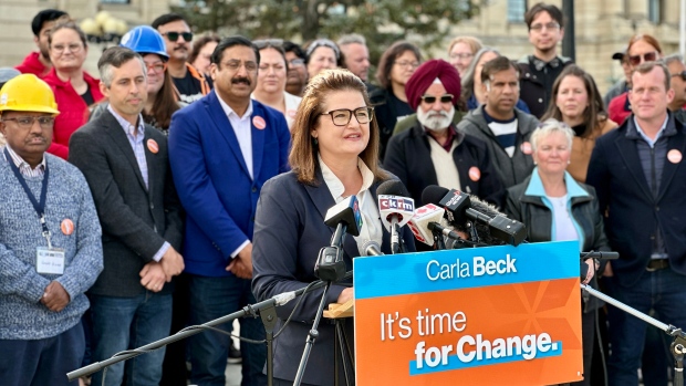 Saskatchewan NDP says election is bigger than politics; Sask. Party seeks more power for police; Saskatchewan NDP Leader Carla Beck holds a rally in front of the Saskatchewan legislative building on Oct\. 10, 2024\.