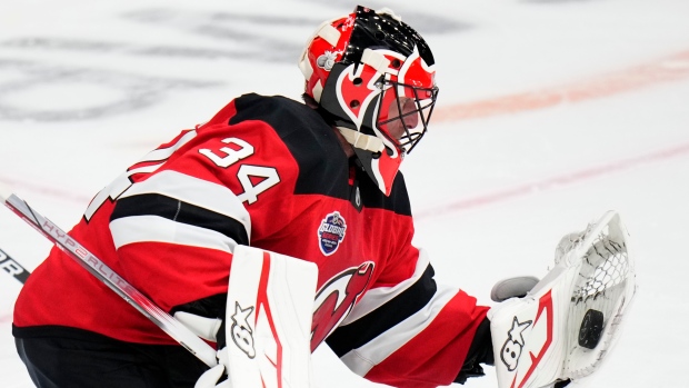 'I'll take it': N.B. native Jake Allen on his new NHL record; New Jersey Devils' Jake Allen makes a save during the NHL hockey game between Buffalo Sabres and New Jersey Devils, in Prague, Czech Republic, Saturday, Oct\. 5, 2024\.