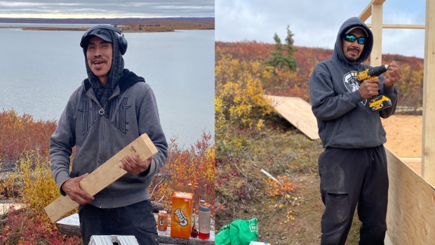 Amid a housing shortage, these Colville Lake residents are building their own homes with logs; Kyle Tutcho, left, and Tyrall Kochon pictured in Horton Lake building a tent frame\. The pair are from Colville Lake and are in the process of building their own log cabins that will eventually be their home's\.