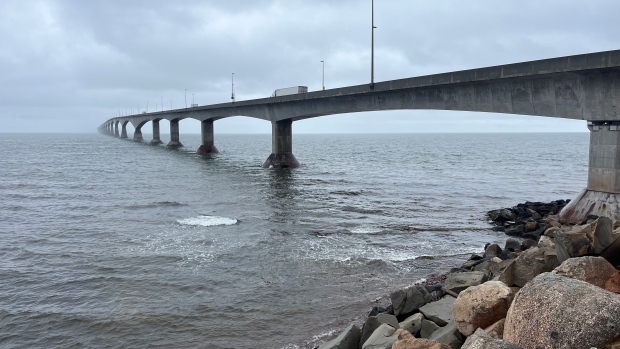 'Burdened with that hurdle': Small businesses call on feds to ditch Confederation Bridge toll; The Confederation Bridge, a toll bridge from PEI to New Brunswick\. April 17, 2024\.