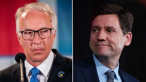 No clear winner in B.C. election race between NDP, Conservatives; B\.C\. Conservative Party Leader John Rustad, left, and B\.C\. NDP Leader David Eby are pictured on election night on Oct\. 19, 2024\.