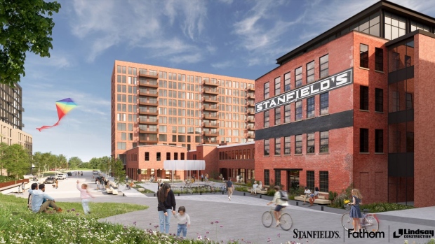 Stanfield's factory in Truro to be redeveloped into new neighbourhood; A rendering of the Stanfield's project in Truro that will see historic factory and warehouse structures redeveloped into housing, alongside new buildings\.