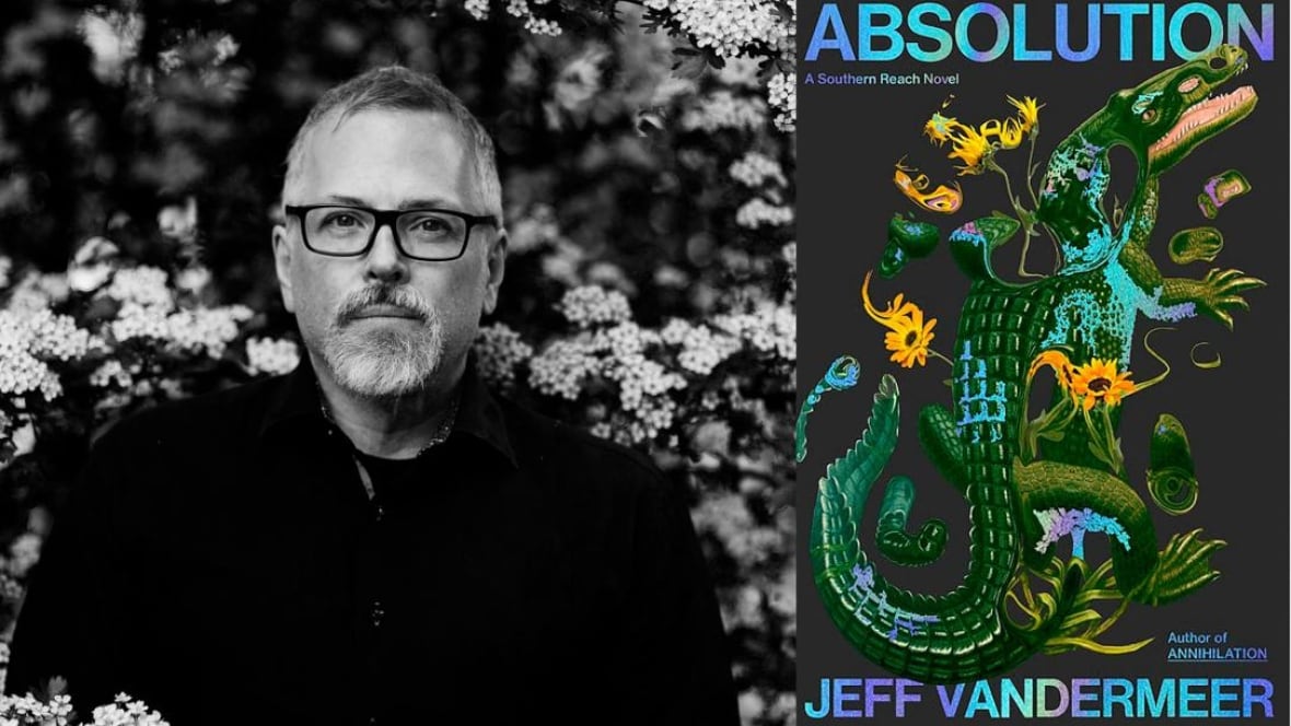 A black-and-white photo of a white man wearing glasses with a goatee. A bookcover with an alligator decomposing into flowers.