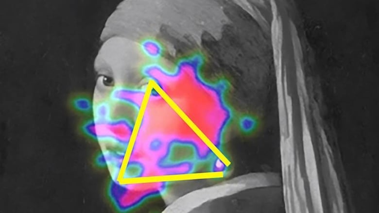 The Girl with a Pearl Earring painting is in black and white with neon colours on her face showing the areas where the study participants' eyes gravitated toward with a yellow triangle showing the areas of focus: the eyes, her mouth and the pearl earring.