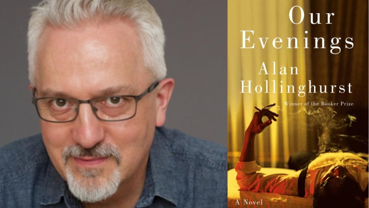 A white man with a goatee, white hair and black glasses. A book cover of a man smoking while lying on a bed.