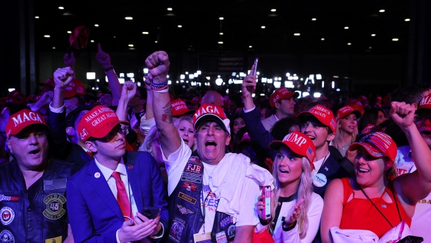 IN PHOTOS | Roller-coaster of emotions at Trump, Harris watch parties; Supporters of Republican presidential nominee and former U\.S\. President Donald Trump react at the site of the Election Night rally for Trump, at the Palm Beach County Convention Center in West Palm Beach, Florida, U\.S\., November 5, 2024\./