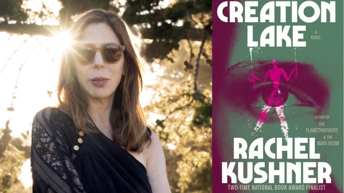 A white woman with long brown hair and sunglasses backlit by the sun in an outdoor setting. A book cover of a woman's eye tinted green and pink.
