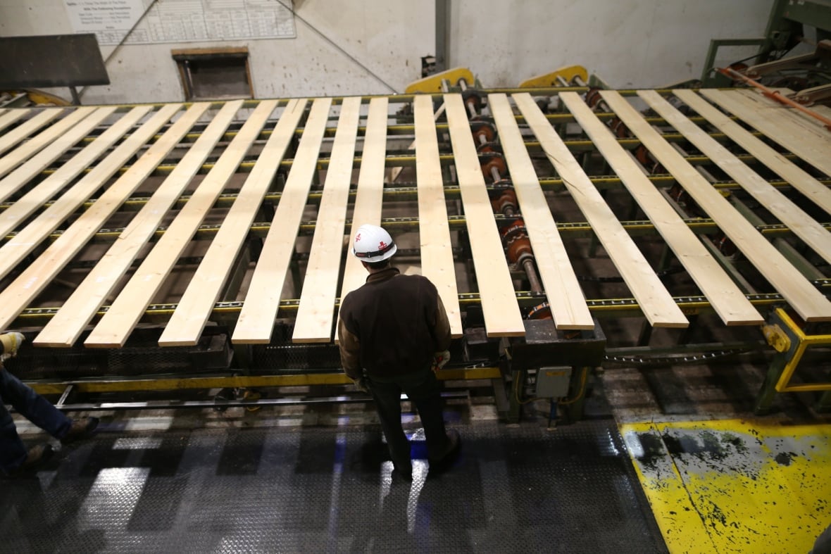An overhead shot of a sawmill worker looking at boards of lumber.