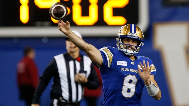 Bombers overwhelm Riders, advance to 5th straight Grey Cup game; Blue Bombers quarterback Zach Collaros picked apart the Roughriders with four touchdown passes Saturday night in Winnipeg\.