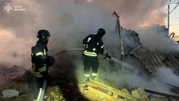 Russia strikes cities across Ukraine, targeting the country's energy infrastructure; Firefighters work at a site of a Russian missile strike, amid Russia's attack on Ukraine, in Volyn region, Ukraine November 28, 2024\. Press service of the State Emergency Service of Ukraine in Volyn region/Handout via REUTERS ATTENTION EDITORS - THIS IMAGE HAS BEEN SUPPLIED BY A THIRD PARTY\. DO NOT OBSCURE LOGO\.