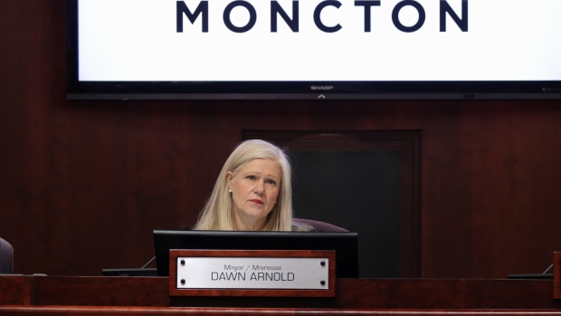 Moncton OKs tax cut for most, slight increase for amalgamated areas; Moncton Mayor Dawn Arnold shown during a municipal budget meeting on Nov\. 28, 2024\.