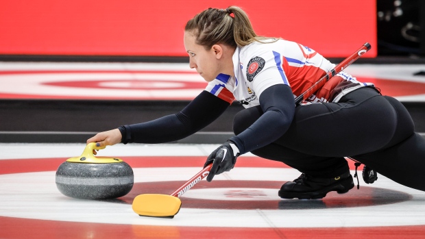 Homan makes game-winning tap to beat Hasselborg in Grand Slam final; Team Homan skip Rachel Homan delivers a stone against Team Skrlik during the women's curling final at the PointsBet Invitational in Calgary, Alta\., Sunday, Sept\. 29, 2024\. THE CANADIAN PRESS/Jeff McIntosh