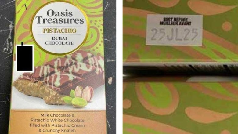 Two photos side by side, showing the front and back of a chocolate bar, including the best before date.