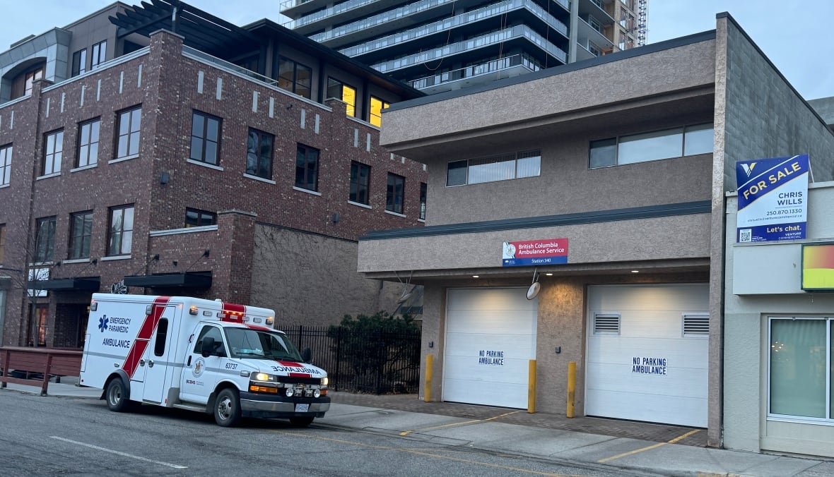 A building with an ambulance parked outside. 