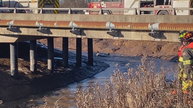 Moncton firefighters recovered the bodies of two men after pulling a car out of Hall's Creek in Moncton Tuesday morning. A car upside down in a creek near a bride.