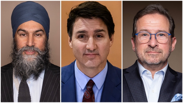 Trudeau made last-ditch effort to buy time for his government: sources; Composite illustration featuring NDP Leader Jagmeet Singh, left, Liberal Leader Justin Trudeau, centre, and Bloc Quebecois Leader Yves-Francois Blanchet\.