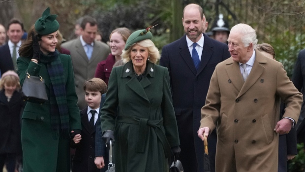 After an 'unexpectedly difficult' year, what's ahead for the Royal Family in 2025?; Britain's King Charles III, right, with Queen Camilla, centre, and Kate Princess of Wales, left, Prince Louis, and Prince William walk as they go to the Christmas day service at St Mary Magdalene Church in Sandringham in Norfolk, England, Wednesday, Dec\. 25, 2024\. \(AP Photo/Jon Super\)