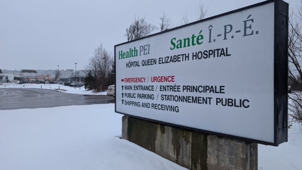 A sign outside the QEH in Charlottetown indicates where to access the main entrance, emergency room, public parking and shipping and receiving.