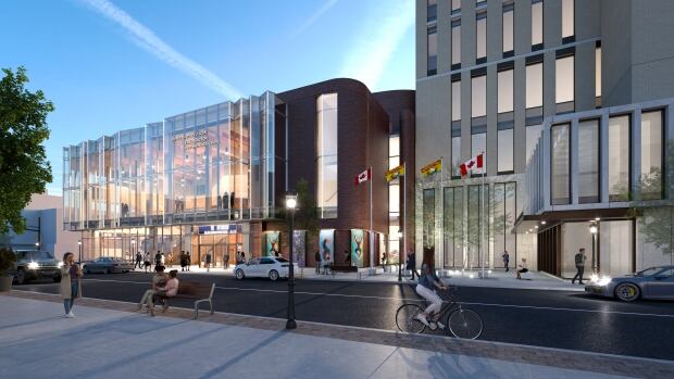 The Fredericton Performing Arts Centre, seen on the left in a 3D rendering, is still under construction, but is expected to be finished by late 2026. It will officially be named the Ron & Erma Hawkes Centre for the Arts. A 3D rendering of two buildings on a bustling street