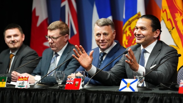 Americans don't want tariffs either, says P.E.I. premier after meeting with first ministers and Trudeau; Prince Edward Island Premier Dennis King, second from right, reacts as Manitoba Premier Wab Kinew speaks at a press conference concluding a first ministers meeting, in Ottawa, Wednesday, Jan\. 15, 2025\.