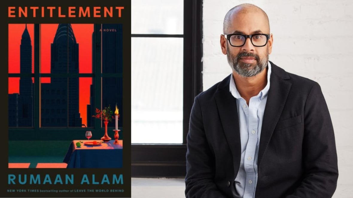 A book cover of a table set in in front of a large window looking out at the New York City skyline with a red sky. An author photo of a bald man with glasses in a suit with a beard.
