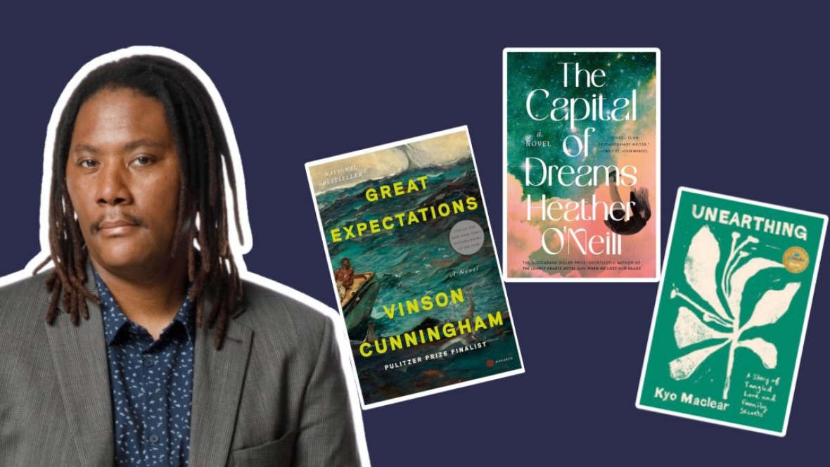 composite of three illustrated book covers and a Black male.