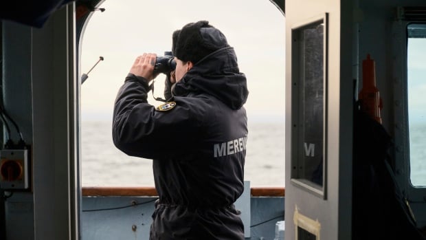 A man on the deck of a naval ship, looks through a set of binoculars.