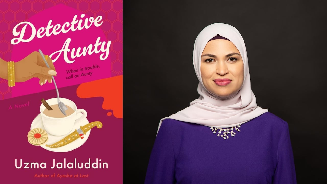 Detective Aunty by Uzma Jalaluddin. Illustrated book cover of a South Asian person stirring a cup of chai on a plate with a dagger and a cookie.