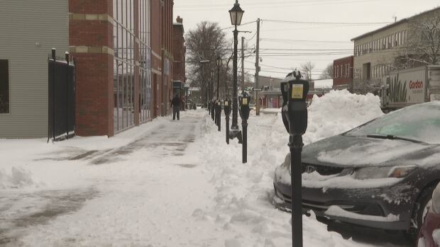 A snowy sidewalk in Charlottetown after a big snowfall.