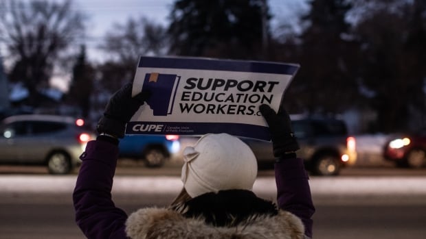 Union members and supporters picket for better education funding, and more classroom support in Edmonton, on Jan. 13, 2025. A person wearing a white hat and black parka stands in front of a street, holding a sign that reads: Support Education Workers. Her back is turned from the camera.