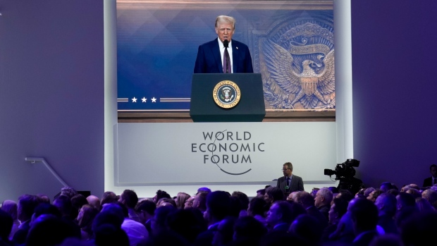 Trump's tariff threat divides Conservative politicians across Canada; Attendees listen to a virtual speech delivered by U\.S\. President Donald Trump, at the annual meeting of World Economic Forum in Davos, Switzerland, on Thursday\.