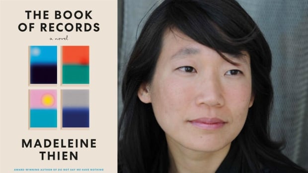 A composite image that shows a book cover that shows four window-like rectangles of different colours against a beige background and on the right is a headshot photo of a woman with black hair. 