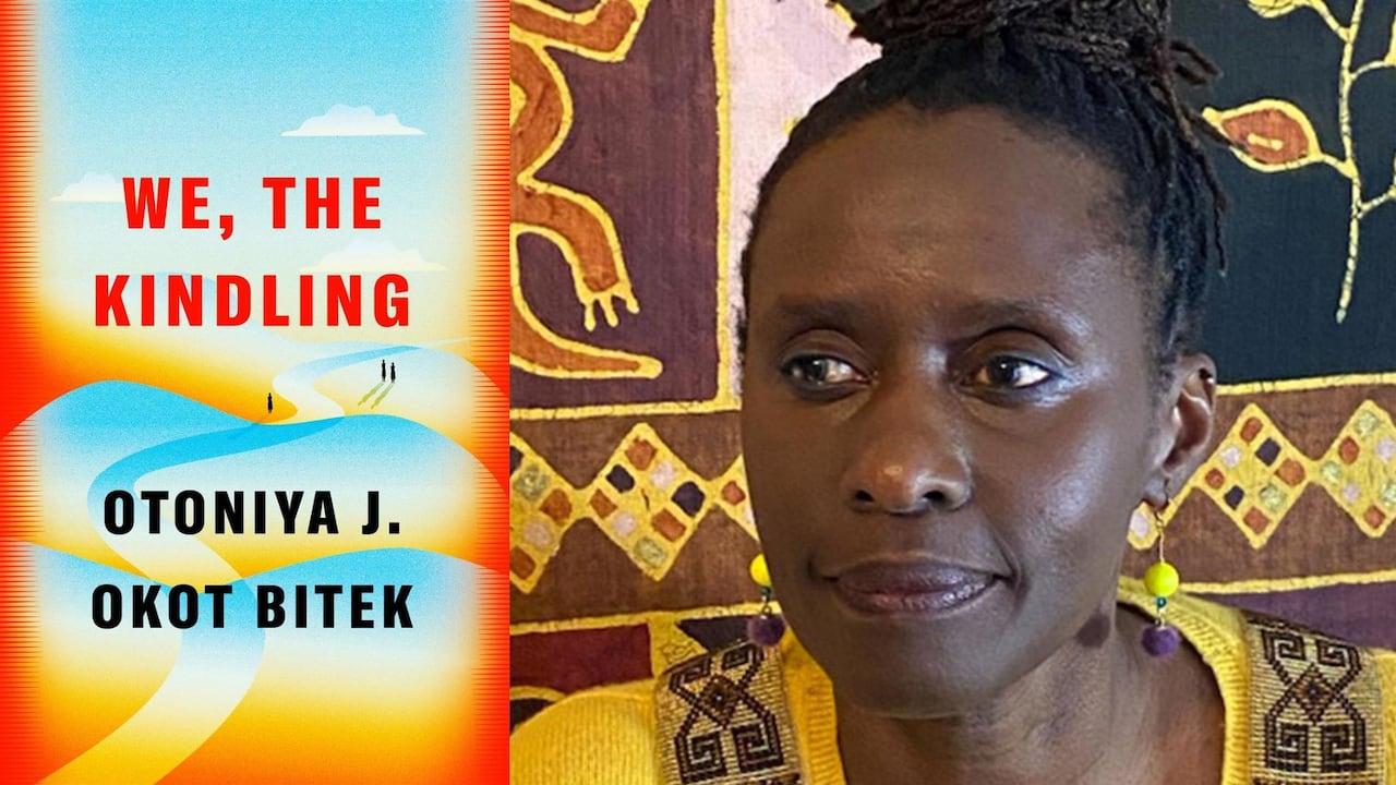 We, the Kindling by Otoniya J. Okot Bitek. Illustrated book cover of two people walking along a hilly path. Author headshot of a Black woman.