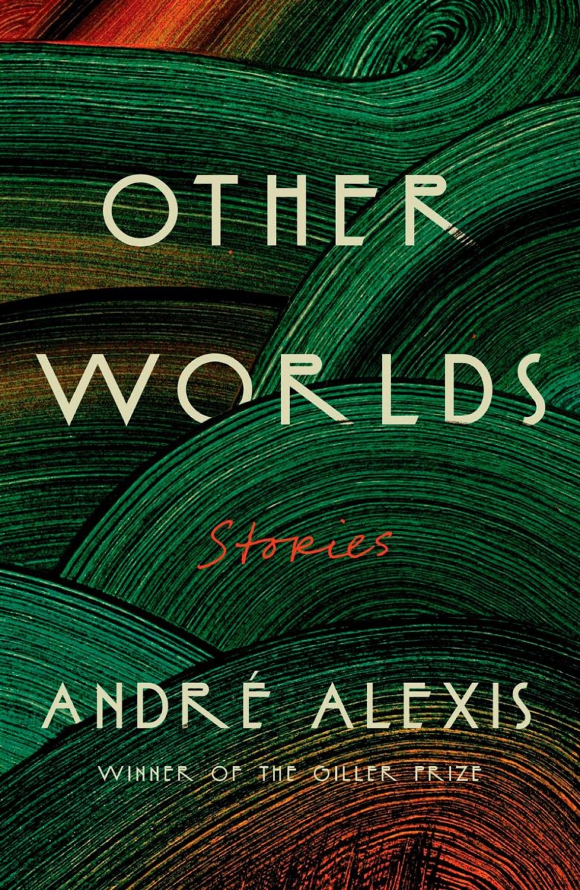 A book cover that shows spiral-like green and red designs. 