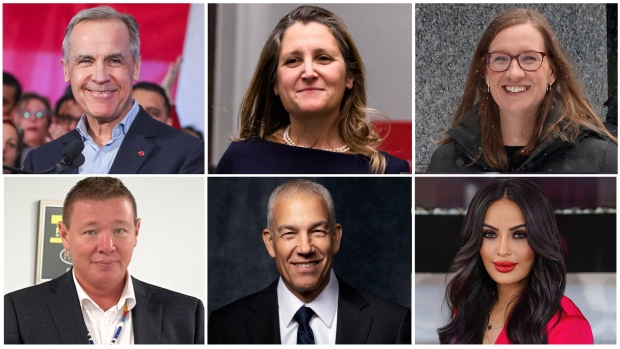 Liberal Party approves 6 candidates to run in leadership race; Composite illustration featuring top L-R: Mark Carney, Chrystia Freeland and Karina Gould and bottom L-R: Jaime Battiste, Frank Baylis and Ruby Dhalla\.
