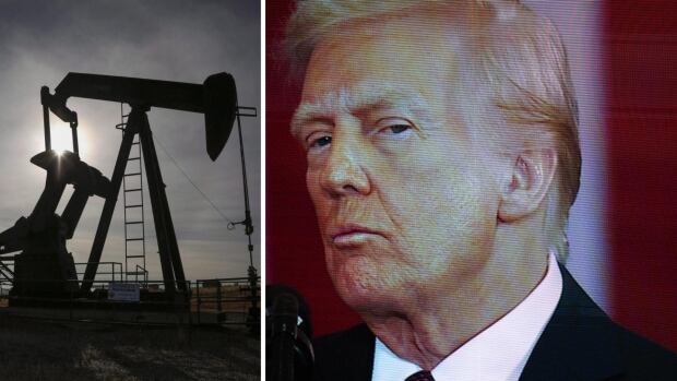 A pumpjack works at a well head on an oil and gas installation near Cremona, Alta., on Saturday, Oct. 29, 2016 U.S. President Donald Trump is seen on screen in Emancipation Hall as he delivers his inaugural address on January 20, 2025 in Washington, DC. Donald Trump takes office for his second term as the 47th president of the United States. An oil pumpjack is seen in silhouette against the sun. The face of Donald Trump appears on a screen in Washington, D.C.
