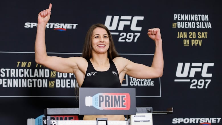 Jasmine Jasudavicius weighs in ahead of her UFC Bantamweight bout in Toronto, Friday, Jan. 19, 2024.